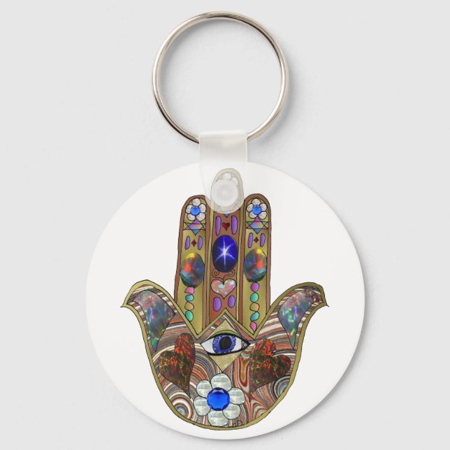 Judaica Hamsa Hearts Flowers Opal Art Print Key Ring (Front)