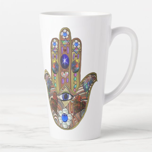 Judaica Hamsa Hearts Flowers Opal Art Print Latte Mug (Right)