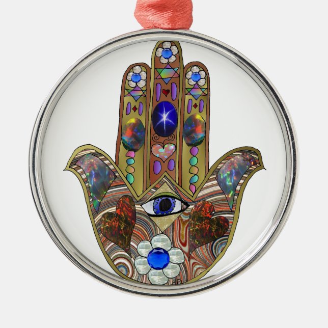 Judaica Hamsa Hearts Flowers Opal Art Print Metal Ornament (Front)