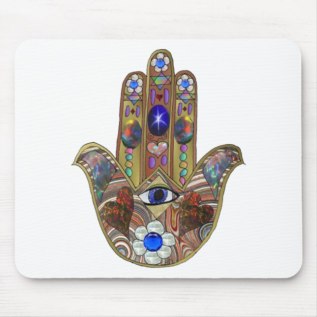 Judaica Hamsa Hearts Flowers Opal Art Print Mouse Pad (Front)