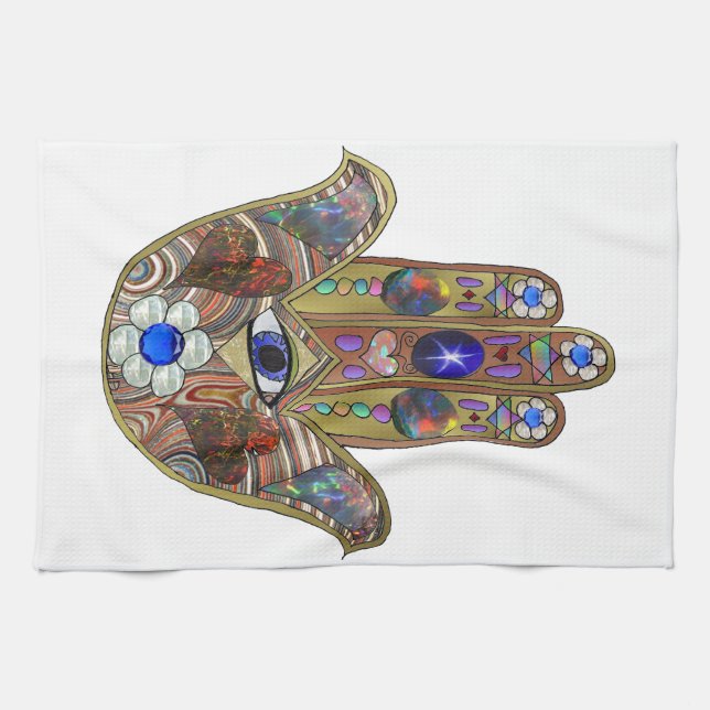 Judaica Hamsa Hearts Flowers Opal Art Print Tea Towel (Horizontal)
