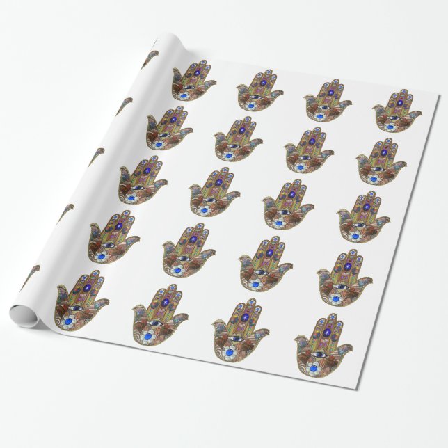 Judaica Hamsa Hearts Flowers Opal Art Print Wrapping Paper (Unrolled)