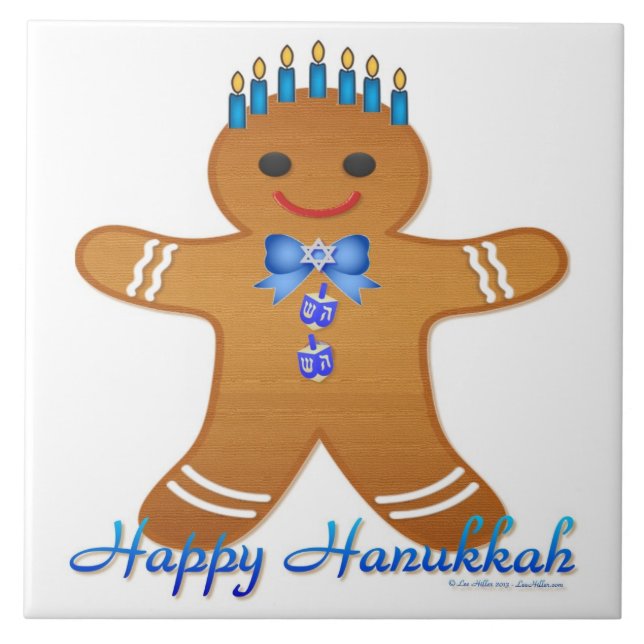 Judaica Hanukkah Gingerbread Man Menorah Ceramic Tile (Front)