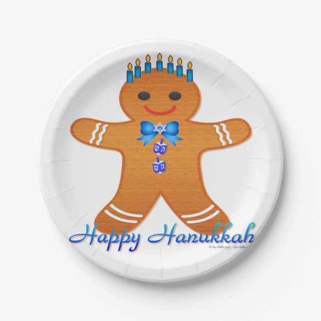 Judaica Hanukkah Gingerbread Man Menorah Paper Plate (Front)