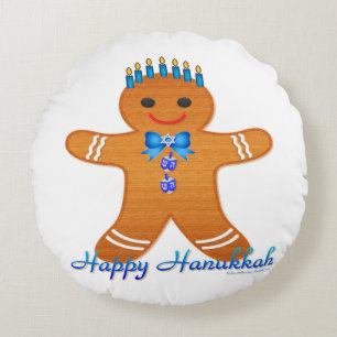 Judaica Hanukkah Gingerbread Man Menorah Round Cushion