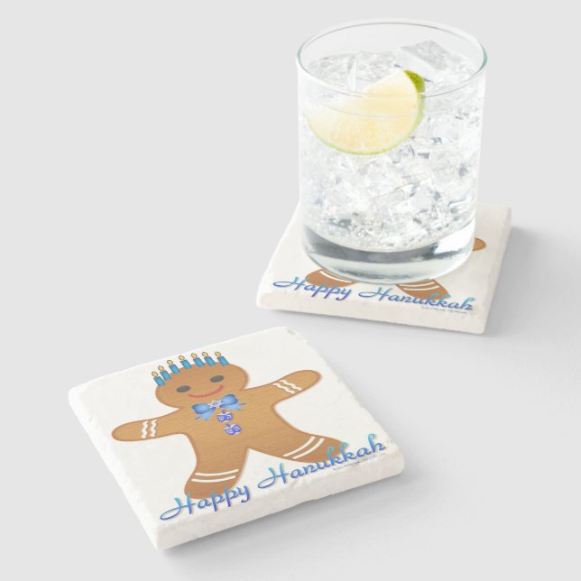 Judaica Hanukkah Gingerbread Man Menorah Stone Coaster (Side)
