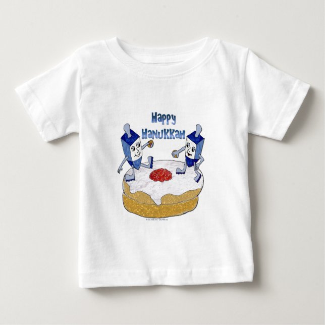 Judaica Happy Hanukkah Dancing Dreidels Doughnut Baby T-Shirt (Front)