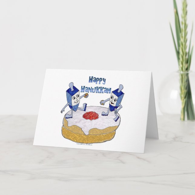 Judaica Happy Hanukkah Dancing Dreidels Doughnut Holiday Card (Front)