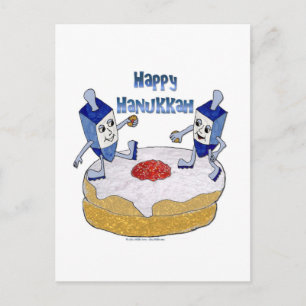 Judaica Happy Hanukkah Dancing Dreidels Doughnut Holiday Postcard
