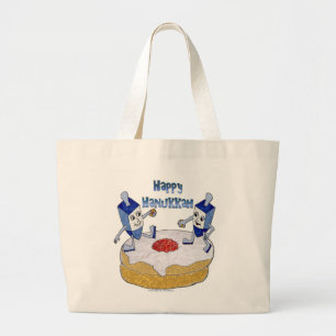 Judaica Happy Hanukkah Dancing Dreidels Doughnut Large Tote Bag