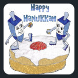 Judaica Happy Hanukkah Dancing Dreidels Doughnut Square Sticker<br><div class="desc">You are viewing The Lee Hiller Designs Collection of Home and Office Decor, Apparel, Gifts and Collectibles. The Designs include Lee Hiller Photography and Mixed Media Digital Art Collection. You can view her Nature photography at http://HikeOurPlanet.com/ and follow her hiking blog within Hot Springs National Park.</div>