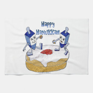 Judaica Happy Hanukkah Dancing Dreidels Doughnut Tea Towel