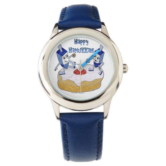 Judaica Happy Hanukkah Dancing Dreidels Doughnut Watch (Front)