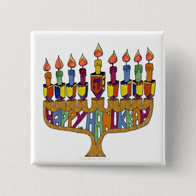 Judaica Happy Hanukkah Dreidel Menorah 15 Cm Square Badge (Front)