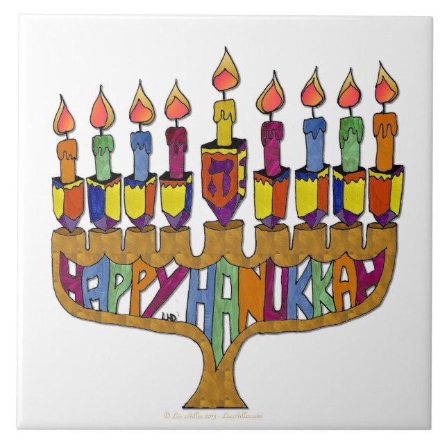 Judaica Happy Hanukkah Dreidel Menorah Ceramic Tile (Front)