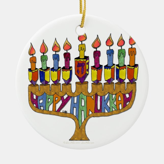 Judaica Happy Hanukkah Dreidel Menorah Ceramic Tree Decoration (Front)