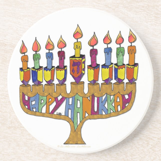 Judaica Happy Hanukkah Dreidel Menorah Coaster (Front)