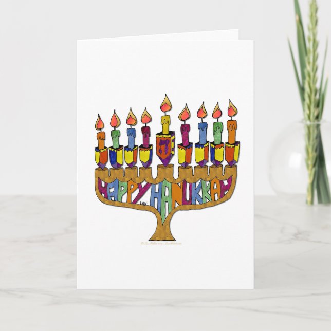 Judaica Happy Hanukkah Dreidel Menorah Holiday Card (Front)
