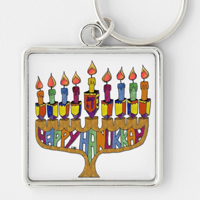 Judaica Happy Hanukkah Dreidel Menorah Key Ring (Front)