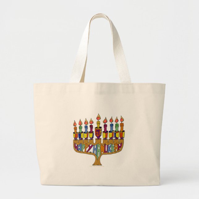 Judaica Happy Hanukkah Dreidel Menorah Large Tote Bag (Front)