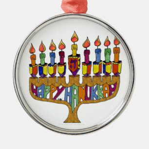 Judaica Happy Hanukkah Dreidel Menorah Metal Ornament