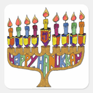 Judaica Happy Hanukkah Dreidel Menorah Square Sticker