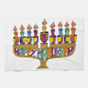 Judaica Happy Hanukkah Dreidel Menorah Tea Towel