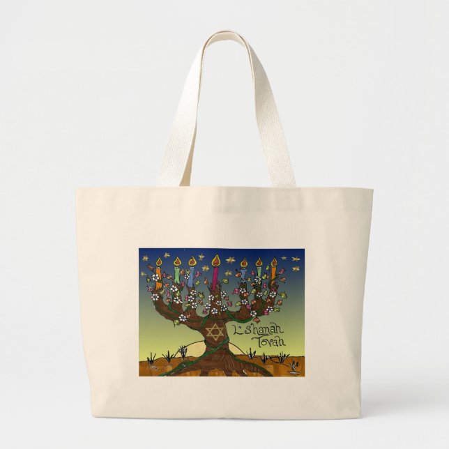 Judaica L'shanah Tovah Tree Of Life Gifts Apparel Large Tote Bag (Front)