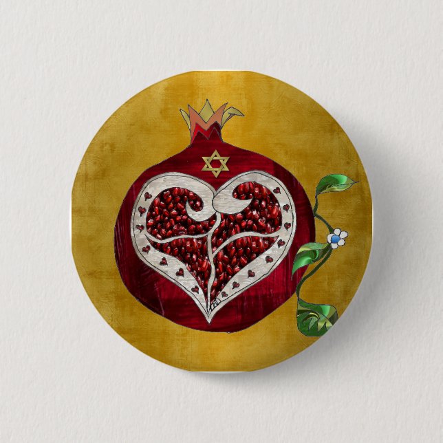 Judaica Pomegranate Heart Hanukkah Rosh Hashanah 6 Cm Round Badge (Front)