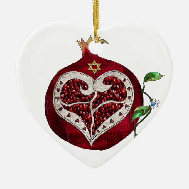 Judaica Pomegranate Heart Hanukkah Rosh Hashanah Ceramic Ornament (Front)