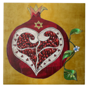 Judaica Pomegranate Heart Hanukkah Rosh Hashanah Ceramic Tile