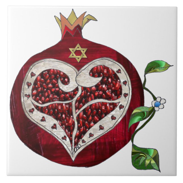Judaica Pomegranate Heart Hanukkah Rosh Hashanah Ceramic Tile (Front)