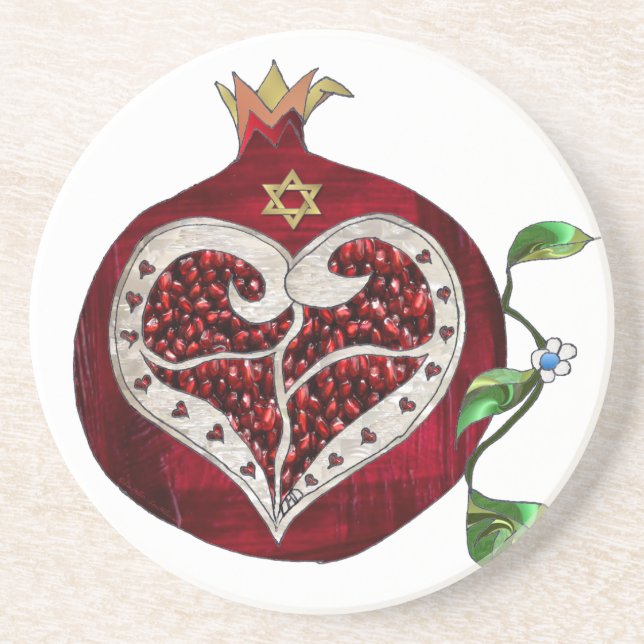 Judaica Pomegranate Heart Hanukkah Rosh Hashanah Coaster (Front)