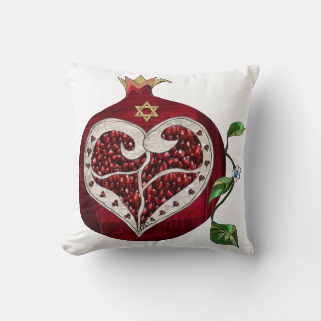 Judaica Pomegranate Heart Hanukkah Rosh Hashanah Cushion (Front)
