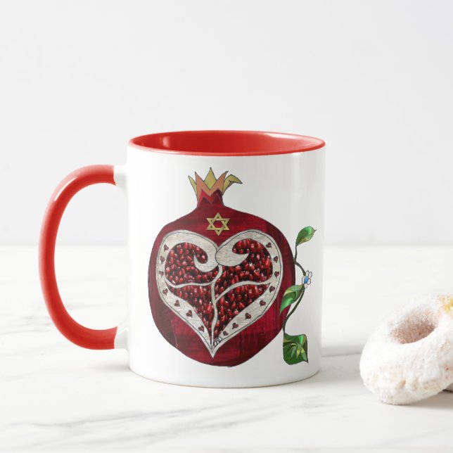 Judaica Pomegranate Heart Hanukkah Rosh Hashanah Mug (With Donut)
