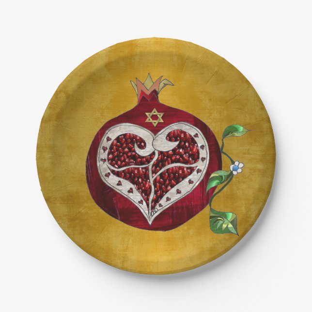 Judaica Pomegranate Heart Hanukkah Rosh Hashanah Paper Plate (Front)