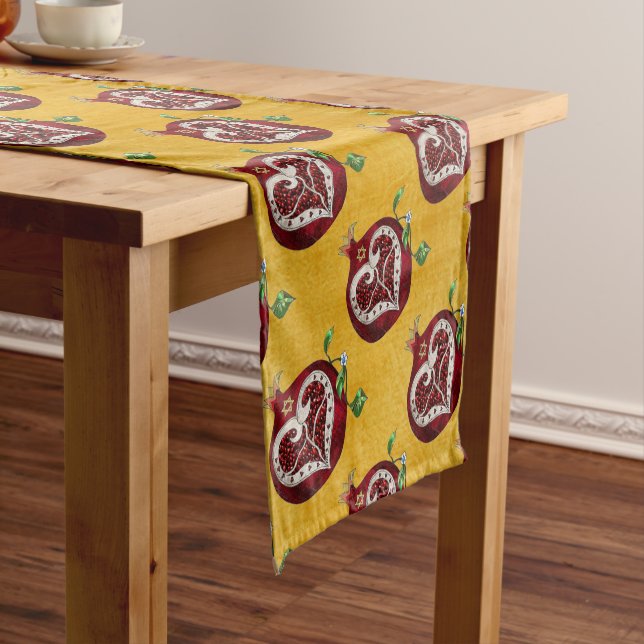 Judaica Pomegranate Heart Hanukkah Rosh Hashanah Short Table Runner (In Situ)