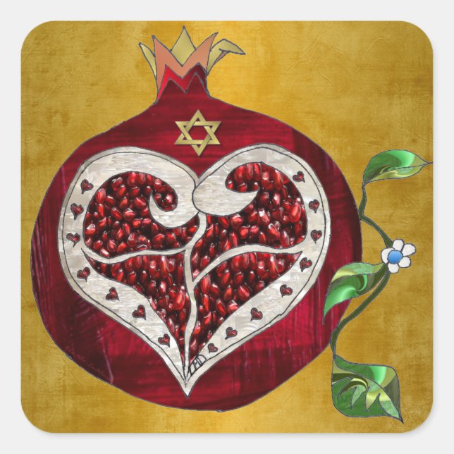 Judaica Pomegranate Heart Hanukkah Rosh Hashanah Square Sticker (Front)