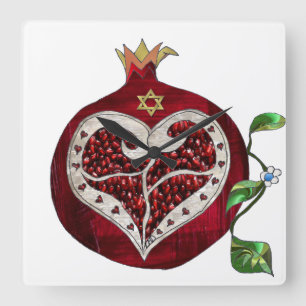 Judaica Pomegranate Heart Hanukkah Rosh Hashanah Square Wall Clock