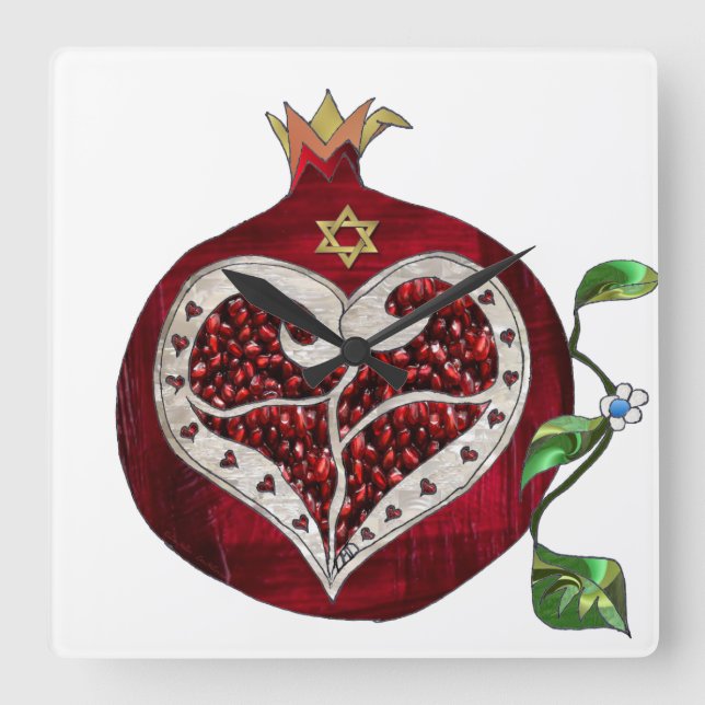 Judaica Pomegranate Heart Hanukkah Rosh Hashanah Square Wall Clock (Front)