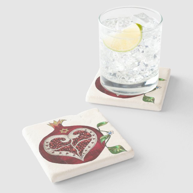 Judaica Pomegranate Heart Hanukkah Rosh Hashanah Stone Coaster (Side)