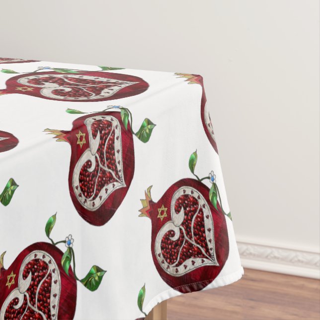 Judaica Pomegranate Heart Hanukkah Rosh Hashanah Tablecloth (In Situ)
