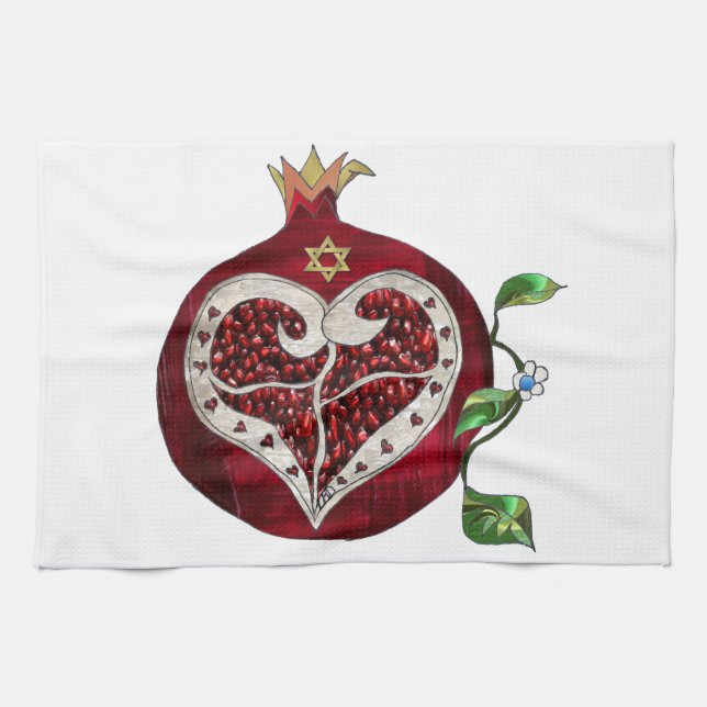 Judaica Pomegranate Heart Hanukkah Rosh Hashanah Tea Towel (Horizontal)
