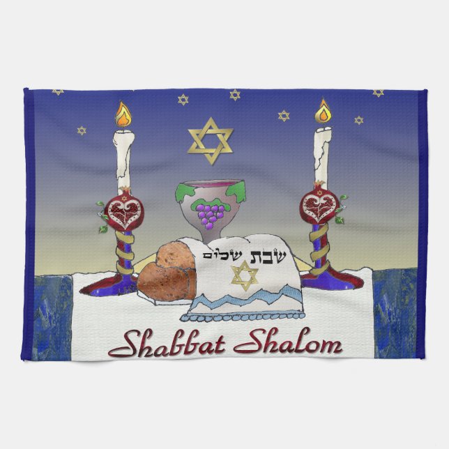 Judaica Shabbat Shalom Art Print Tea Towel (Horizontal)