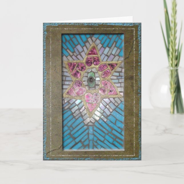 Judaica: Stained Glass Mosaic Hearts Star of David Card (Front)