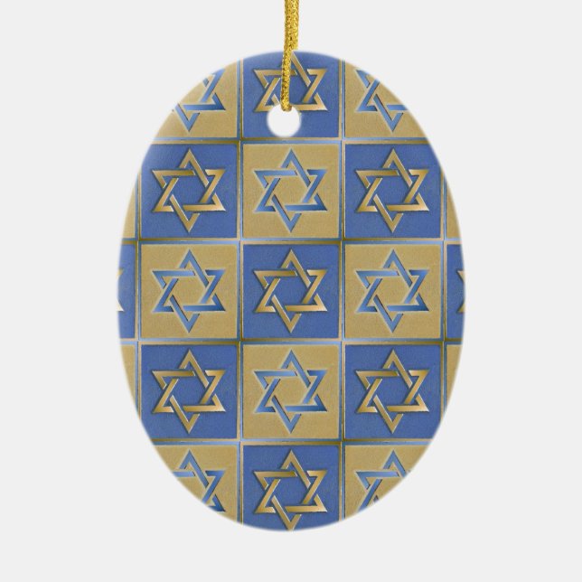 Judaica Star Of David Metal Gold Blue Ceramic Ornament (Front)