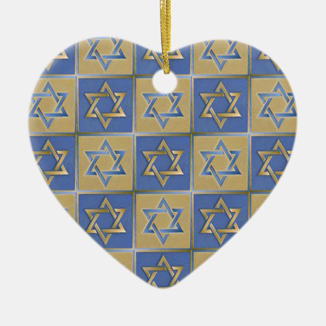 Judaica Star Of David Metal Gold Blue Ceramic Tree Decoration (Front)