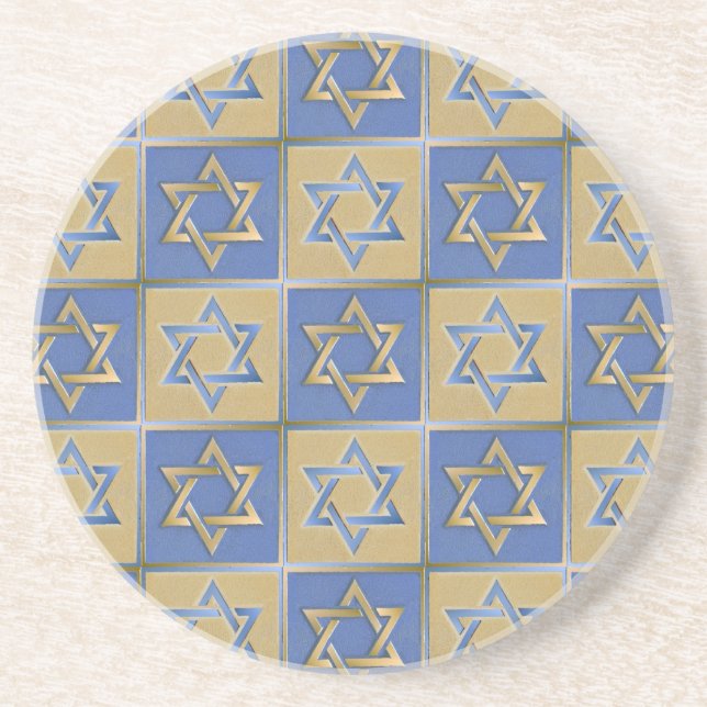 Judaica Star Of David Metal Gold Blue Coaster (Front)