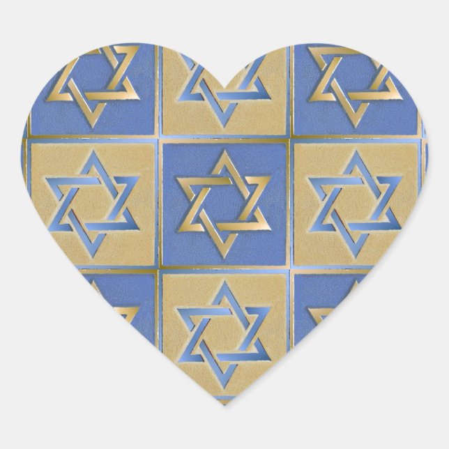 Judaica Star Of David Metal Gold Blue Heart Sticker (Front)