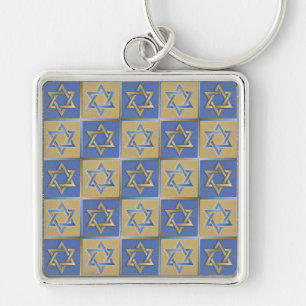 Judaica Star Of David Metal Gold Blue Key Ring